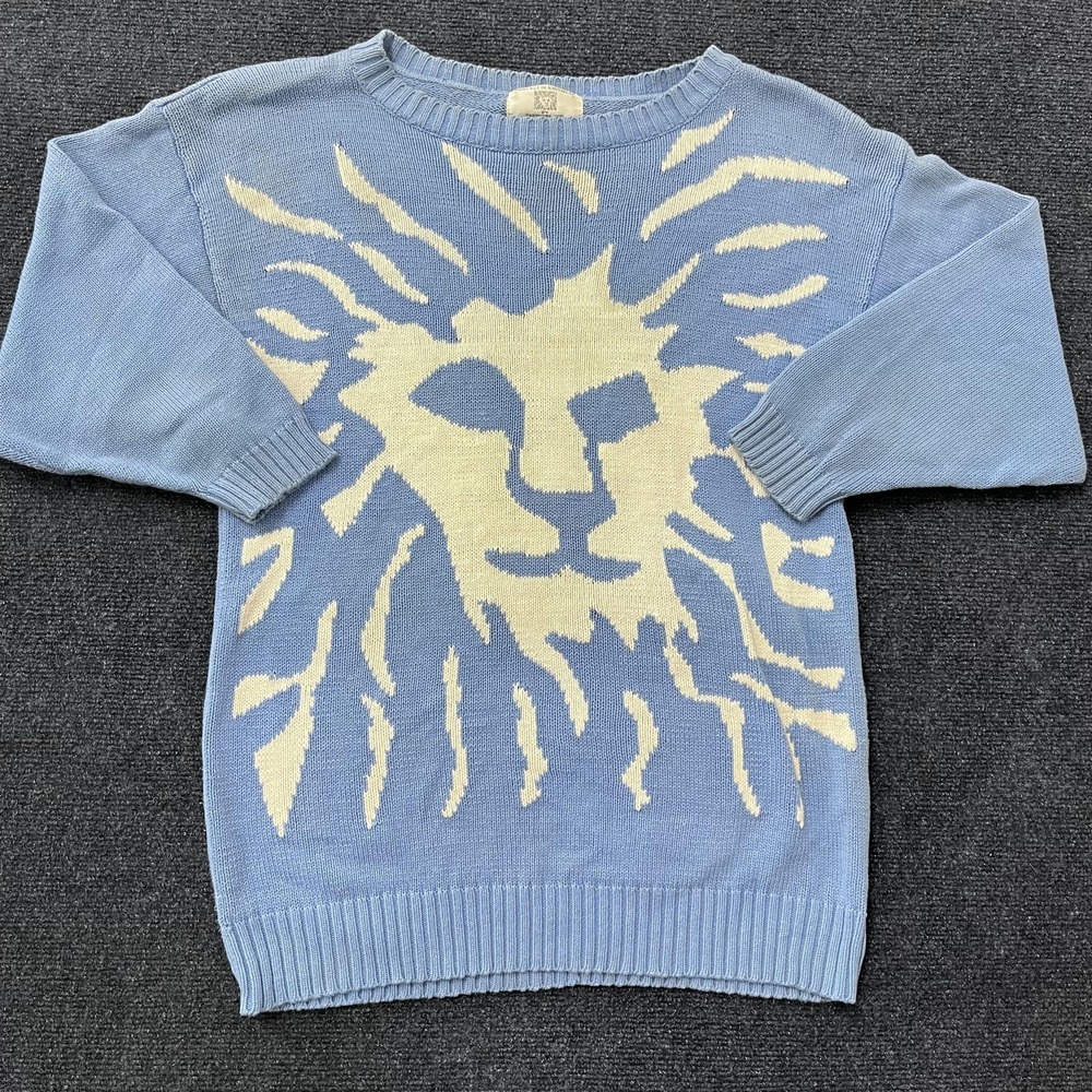 Vintage Anne Klein Sweater Womens Medium Blue Lion Intarsia Cotton Made USA 90s